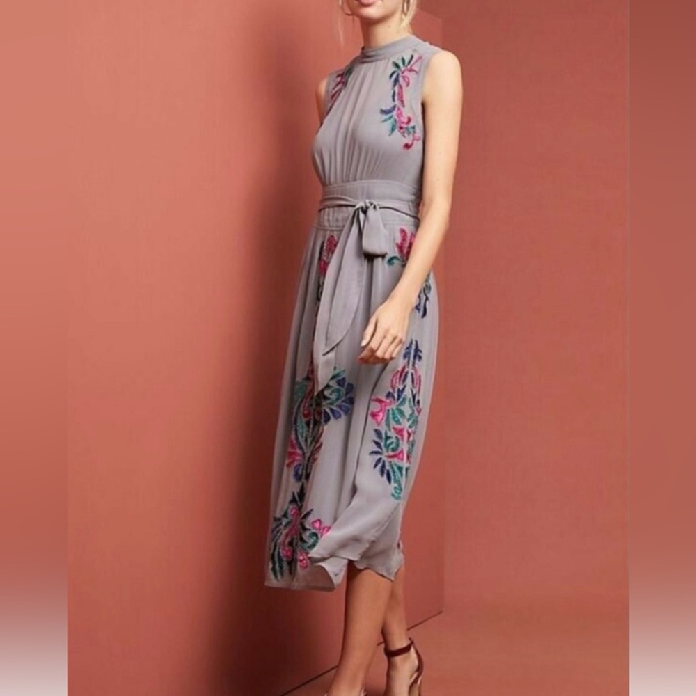 Anthropologie Gray Dress with Floral Embroidery Christmas party Size 10